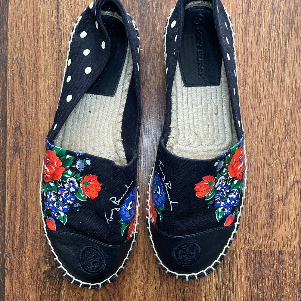 Tory Burch Black Floral Espadrilles